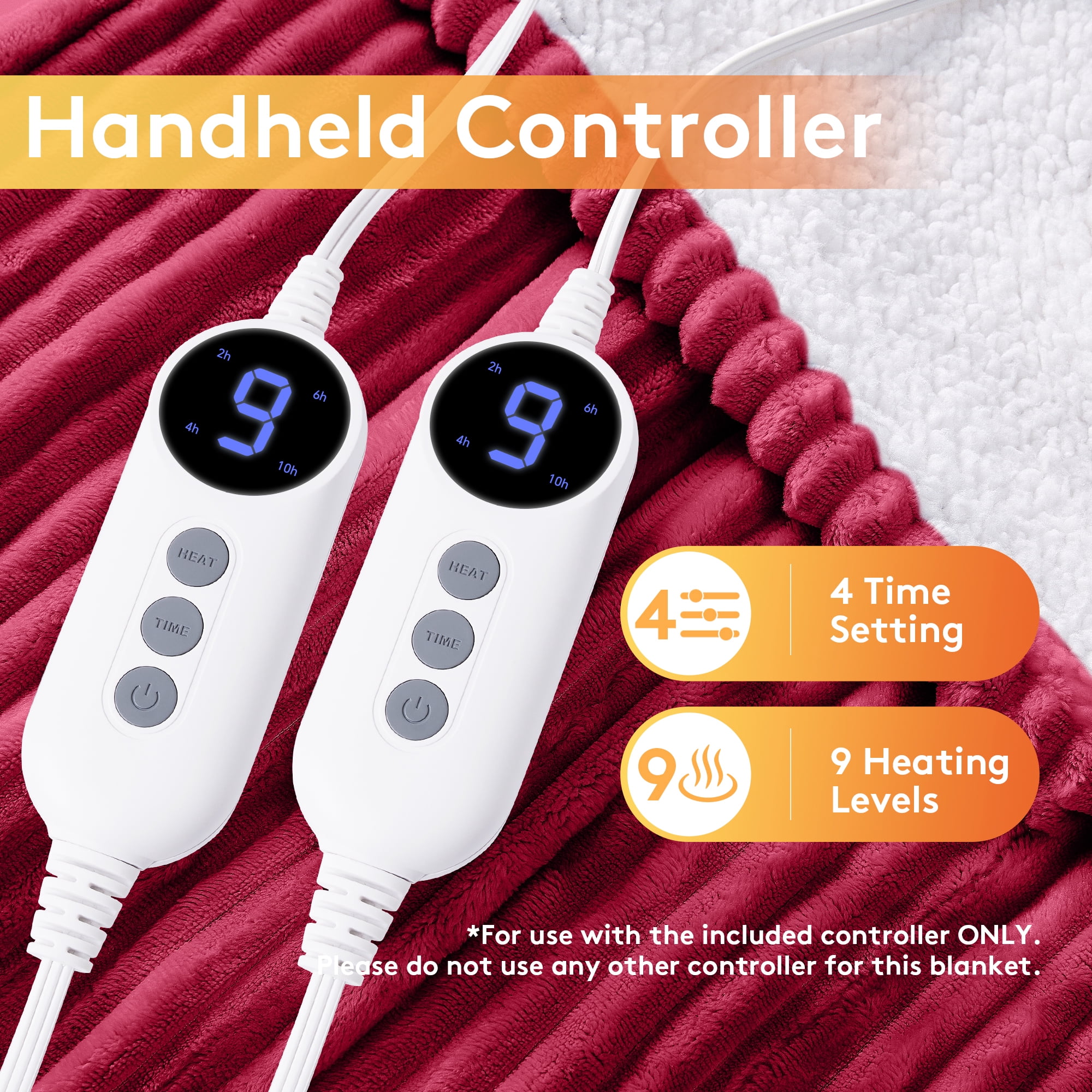 Vccoem Electric Heated Blanket Throw 84"x90", Dual Control 9 Heat Levels & 2 to 10 Hours Auto Shut-Off, Over-Heat Protection, Soft Ribbed Flannel to Sherpa, Machine Washable, Red