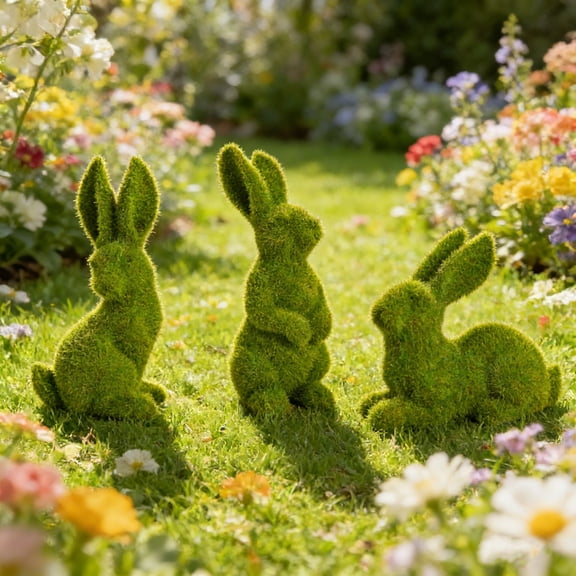 Realistic Moss Flocked Rabbit Garden Statues 3 Piece Set Waterproof Durable Outdoor Decor Perfect For Lawn Patio Yard And Flower Bed