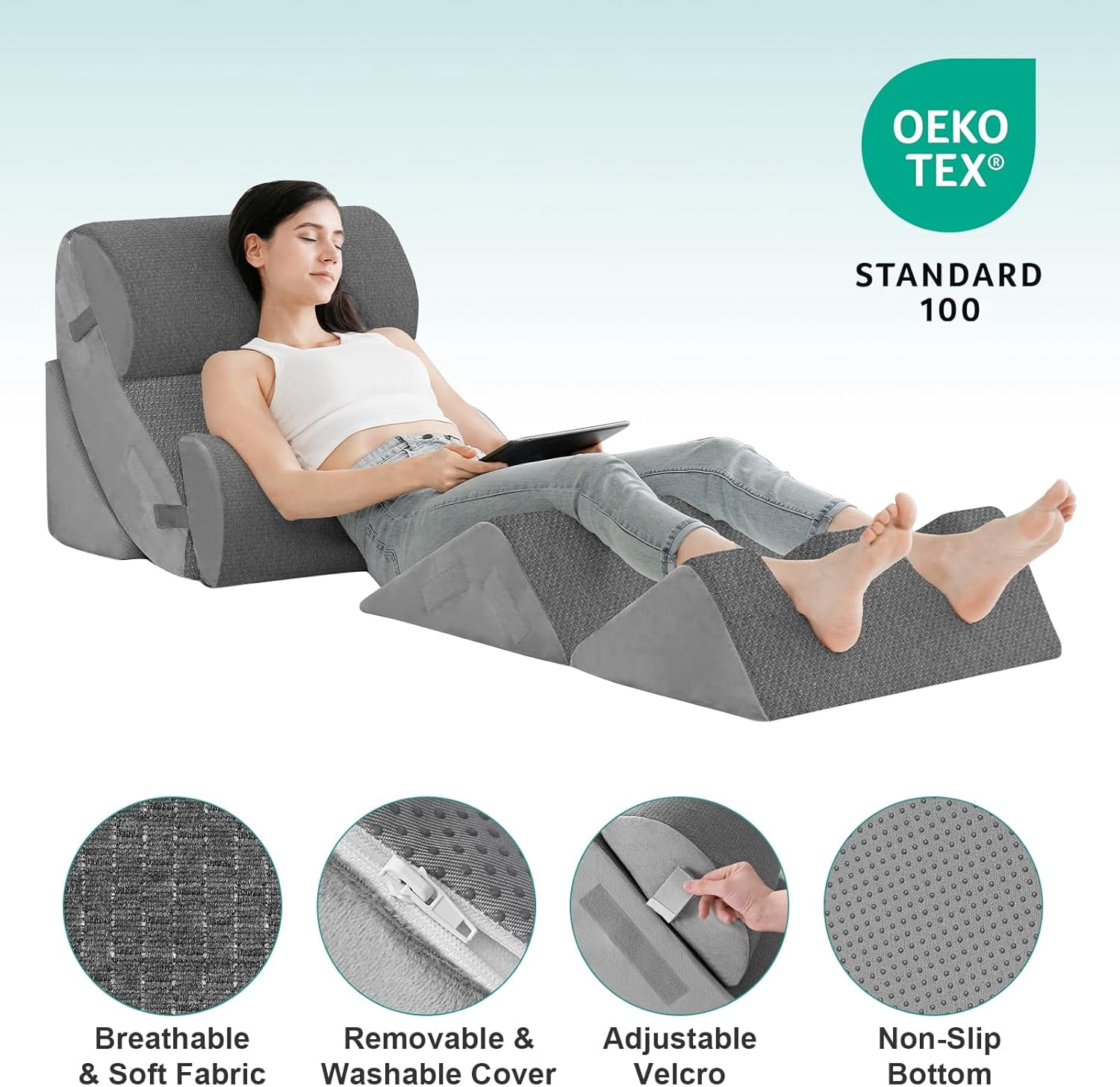 6PCS Orthopedic Bed Wedge Pillow for Sleeping, Adjustable Post Surgery Pillow Set for Body, Back and Leg Pain Relief, Memory Foam Support Pillows for After Surgery, Grey