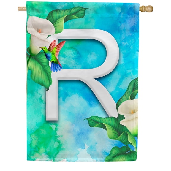 America Forever Summer Flowers Birds Monogram House Flag Letter R 28 x 40 inches Hummingbird Calla Lily Spring Floral Double Sided Vertical Outdoor Yard Lawn Decorative White Floral House Flag