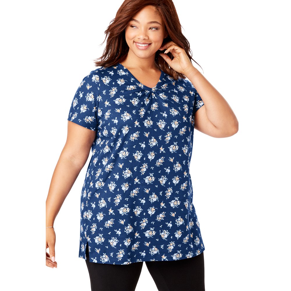 Woman Within Woman Within Women's Plus Size Perfect Printed Shirred V
