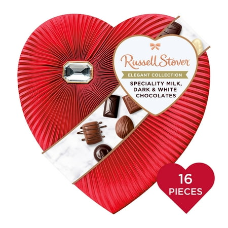 RUSSELL STOVER Valentine's Day Elegant Collection Specialty Millk, Dark & White Chocolates Diamond Brooch Heart Gift Box, 8 oz. (16 pieces)