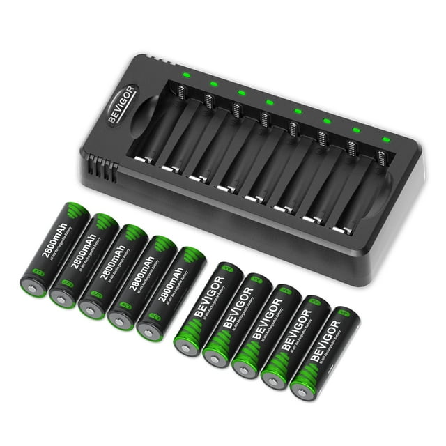 Pilas AA recargables Bevigor 2800 mAh, paquete de 10 con cargador