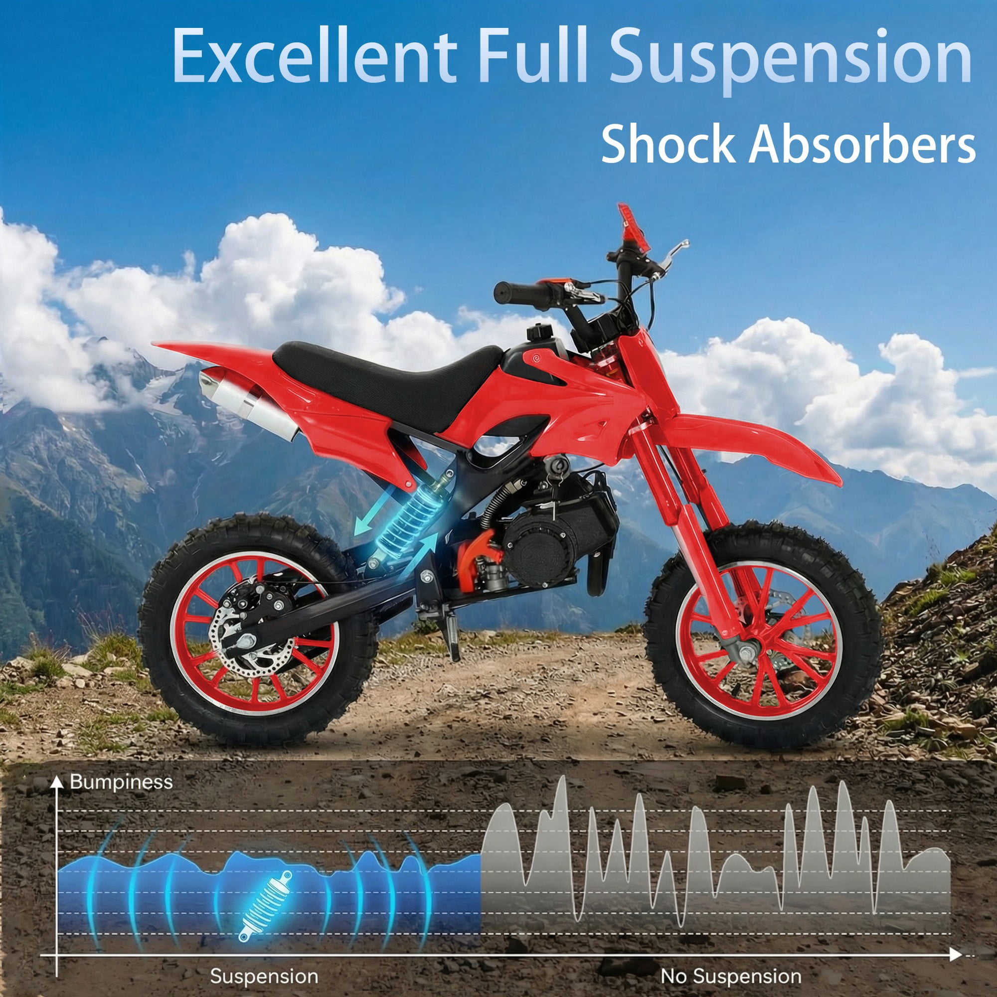 FONA 49cc Kids Dirt Bike 2-Stroke, 25MPH Mini Motorcycle for Ages 8–12, Dual Disc Brakes, Stable Suspension, Off-Road Tires, Soft Seat Red