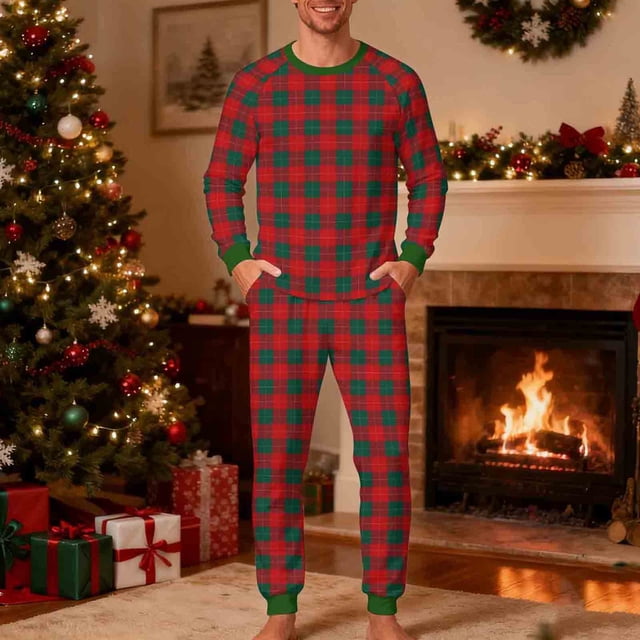 Leodye Pyjama de Noël pour Adultes Pantalon de Pyjama à Carreaux Manches Longues Col Rond pour Couples & Famille Rouge TG(TG)