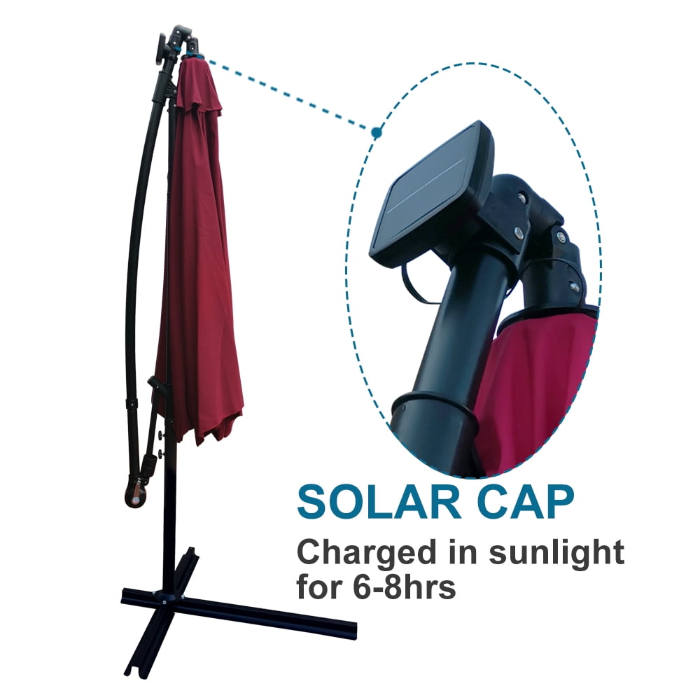 Aukfa 10ft Patio Solar LED Lighted Outdoor Umbrellas with Cross Base for Market Beach Pool - Wine