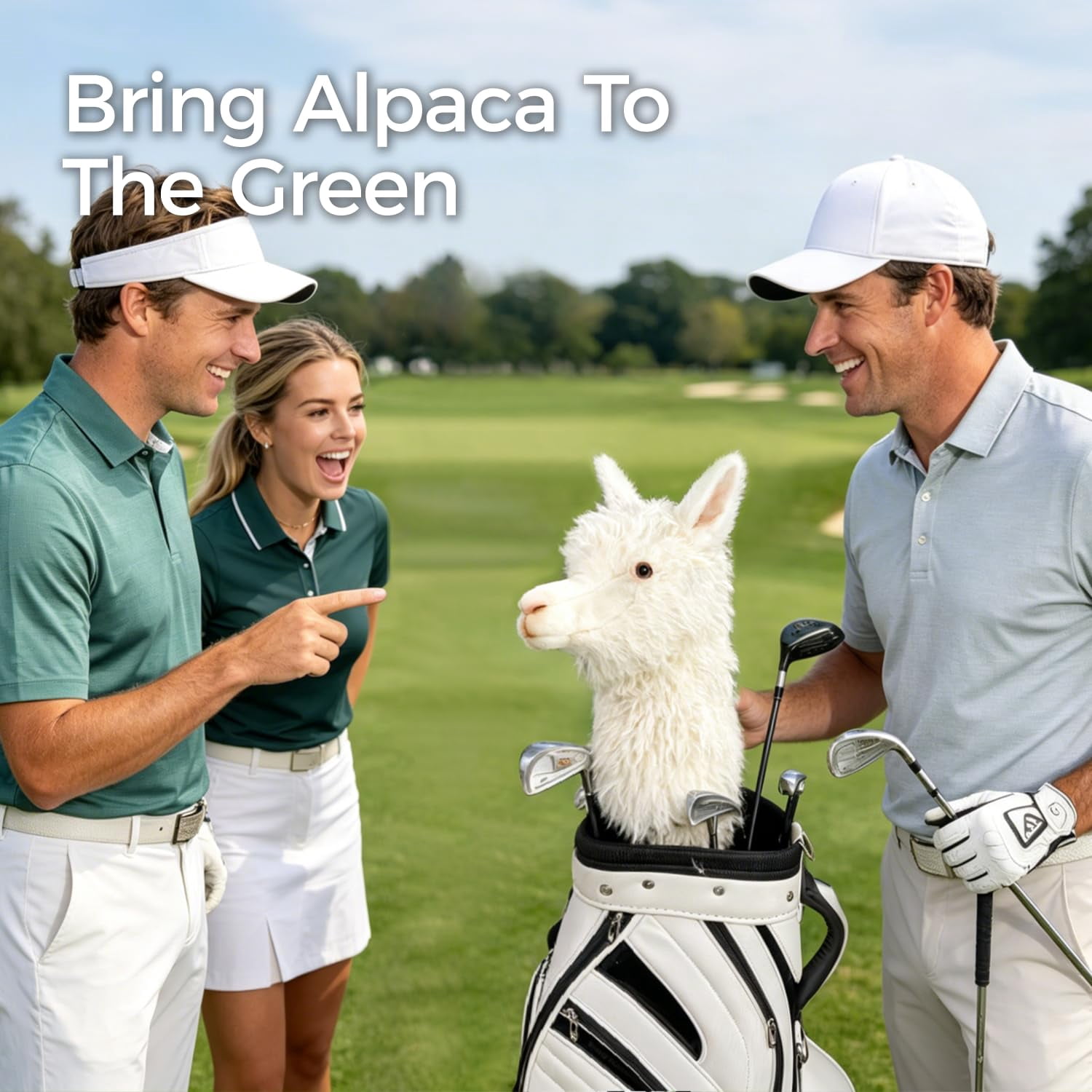FurEverClone White Alpaca Golf Club Headcover, Dog Golf Driver & Woods Club Cover, Golden Dog Golf Head Cover
