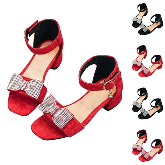Eltusu Girls Sandals, Non-Slip Open Toe Low Heels Dance Dress Shoes Red Size 3-12 T