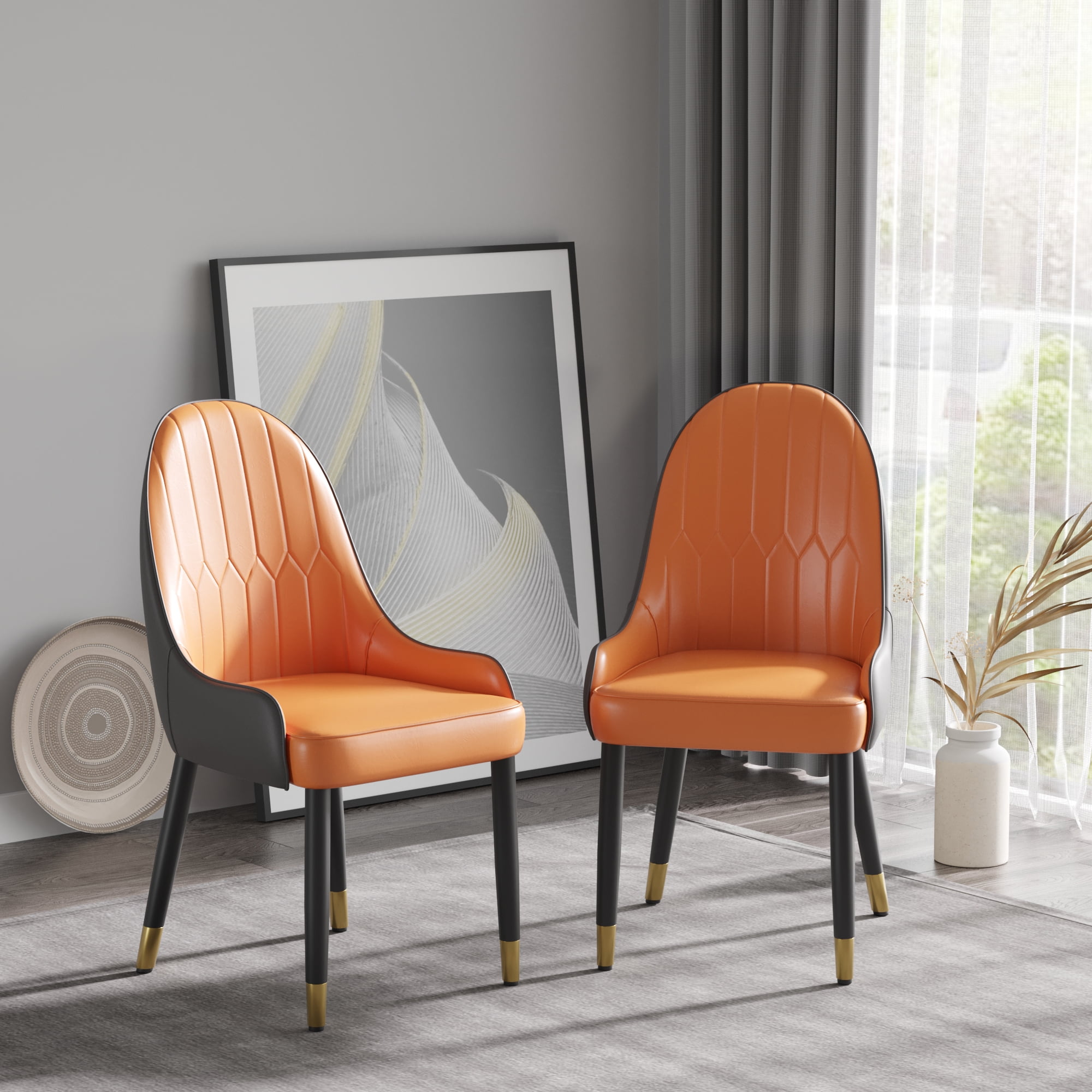 Modern PU Leather Dining Chairs - Set of 2, Orange/Dark Brown, Solid Wood & Metal Legs, Ergonomic Padded Seat, Water/Stain Resistant, Space-Saving Design for Dining Room & Living Room