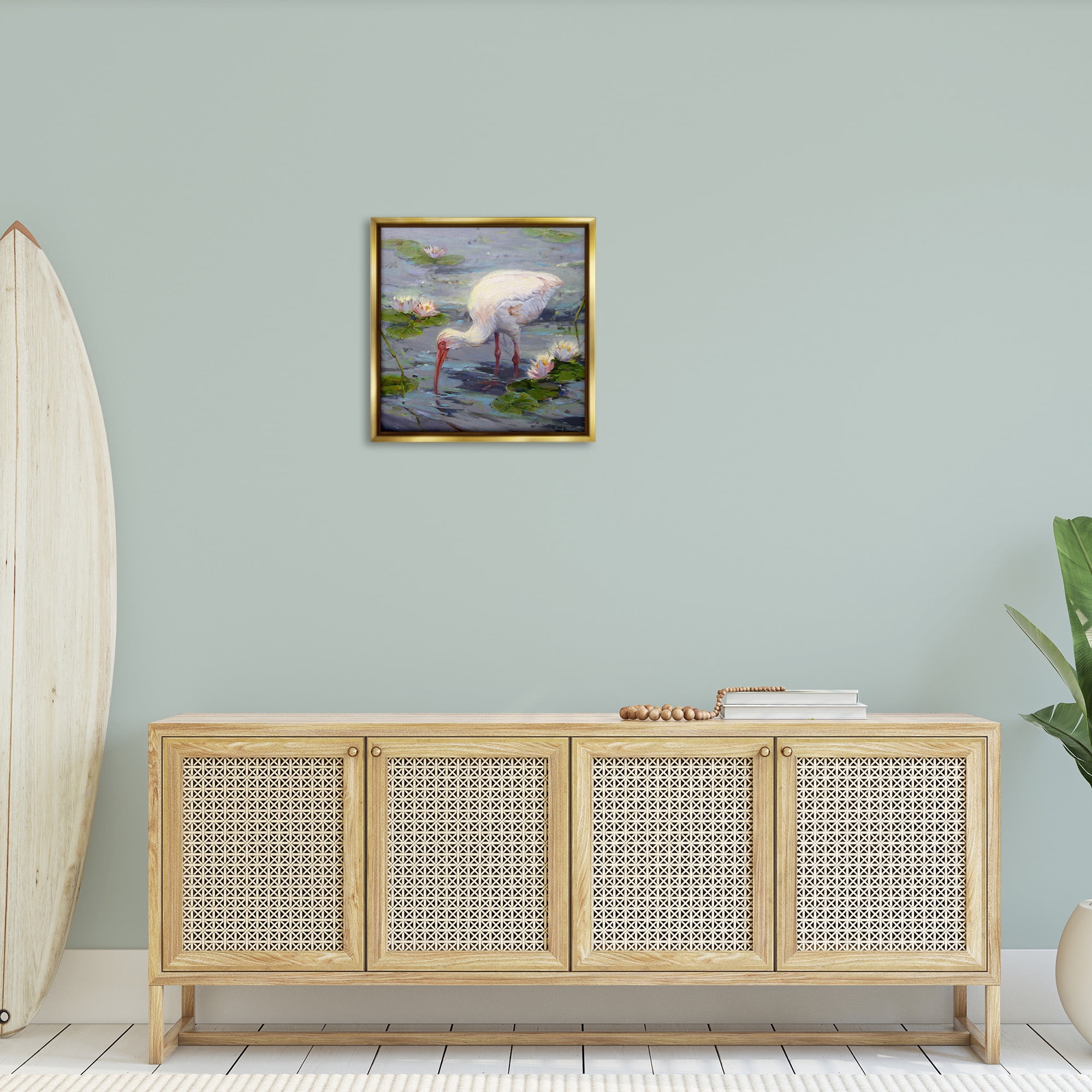 Stupell Industries Water Bird with Pond Lilies Animals & Insects Painting Gold Floater Framed Canvas Art Print Wall Art, 25 x 25
