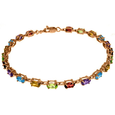 Gemstone Rose Gold Bracelet - ALARRI 14K Solid Rose Gold Tennis Bracelet w/ Multi Gemstones Size 7 Inch Length.