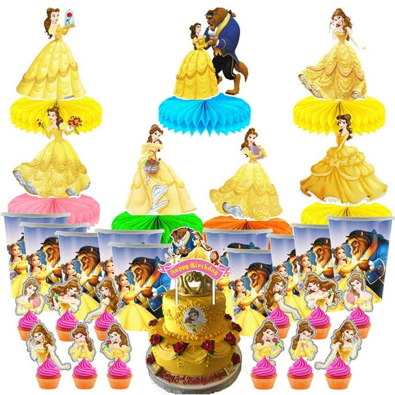 Beast Princess Party Supplies Decor Cups Fans Decorations Honeycomb Centerpieces Cake Toppers