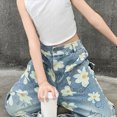 thumbnail image 5 of TOWED22 Girl's Floral Baggy Wide Leg Jeans Y2K Zipper Fly Washed Denim Pants with Pockets,Navy,9-10 Y, 5 of 7