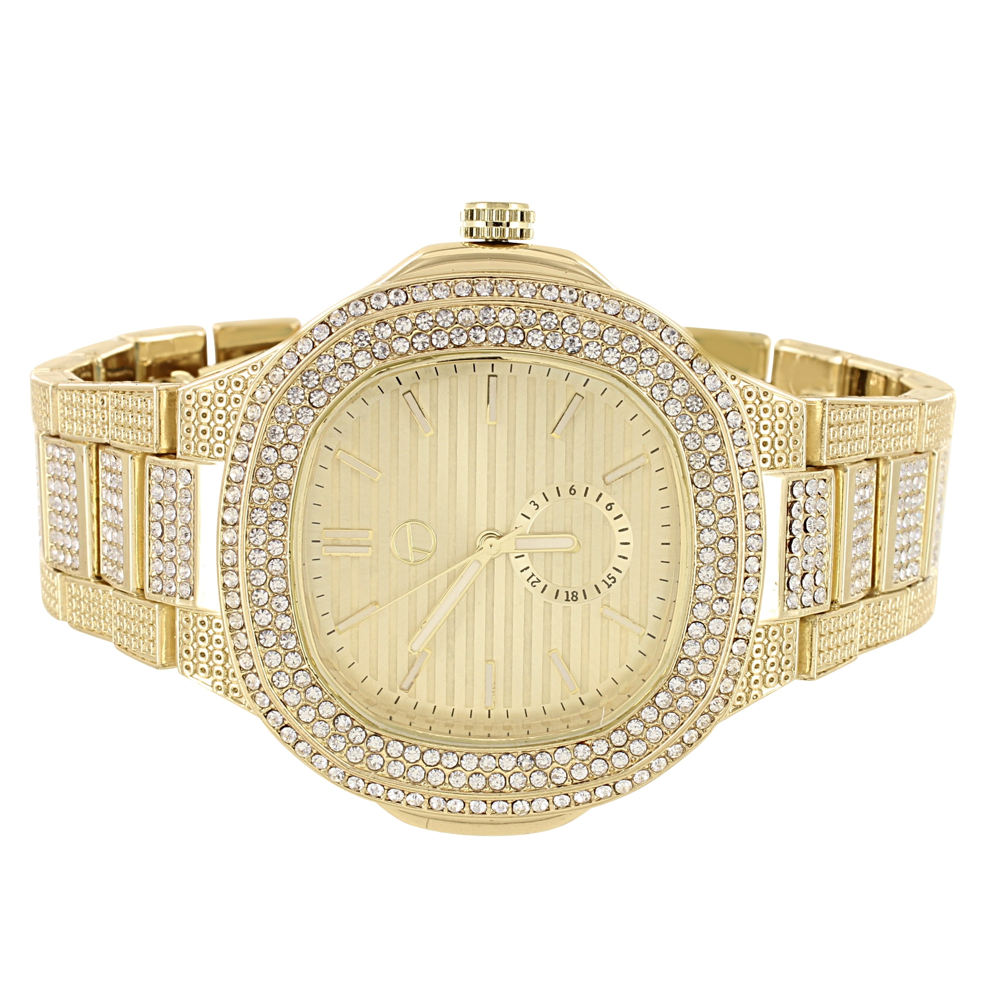 Master Of Bling - Men's Icy Gold Finish Square Bezel Metal Link Watch
