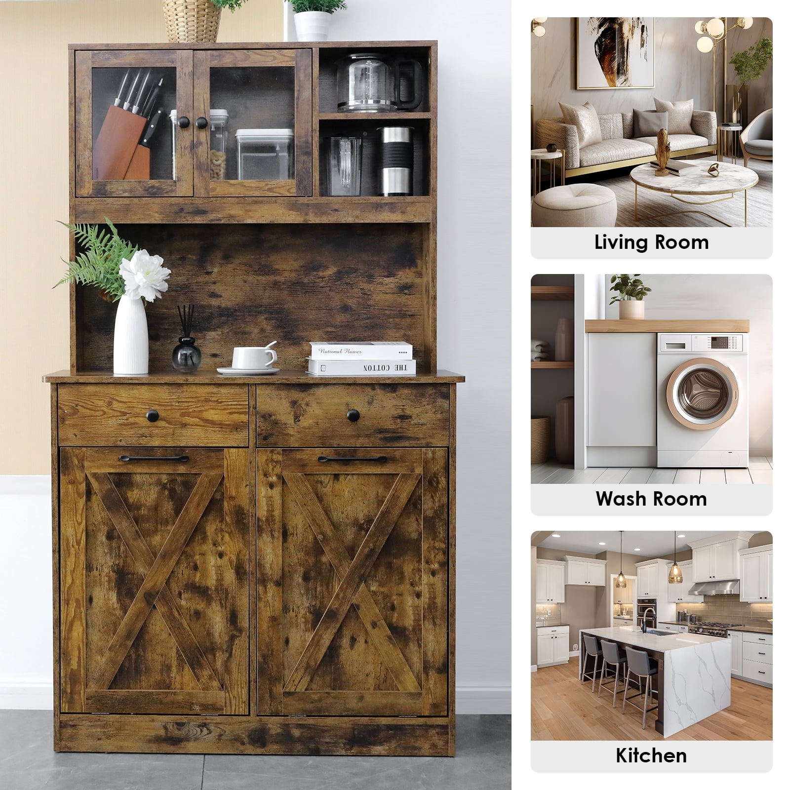 LAZY BUDDY Dual Tilt Out Trash Cabinet, 20 Gallon Kitchen Hidden Garbage Can Cabinet Tall Freestanding Kitchen Pantry Cabinet, Brown