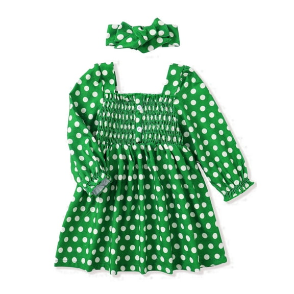 Toddler & Baby Girls Vintage Polk Dot Long Sleeve Smocked Dress with Headband