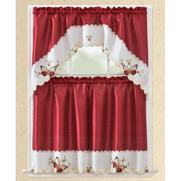 3pc Rod Pocket Embroidered Kitchen Curtains And Valances Set Swag Tier 36 Inch Length Burdy Erfly Com 3pc Rod Pocket Embroidered Kitchen, 36 Inch Length Kitchen Curtains