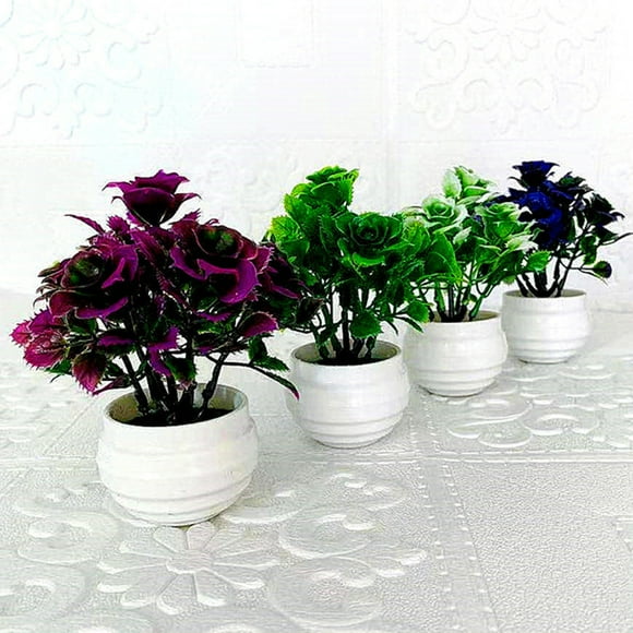 Trayknick 1 Set Artificial Bonsai Decorative Non-fading Plastic Simulation Chinese Rose Plants for Decorating White
