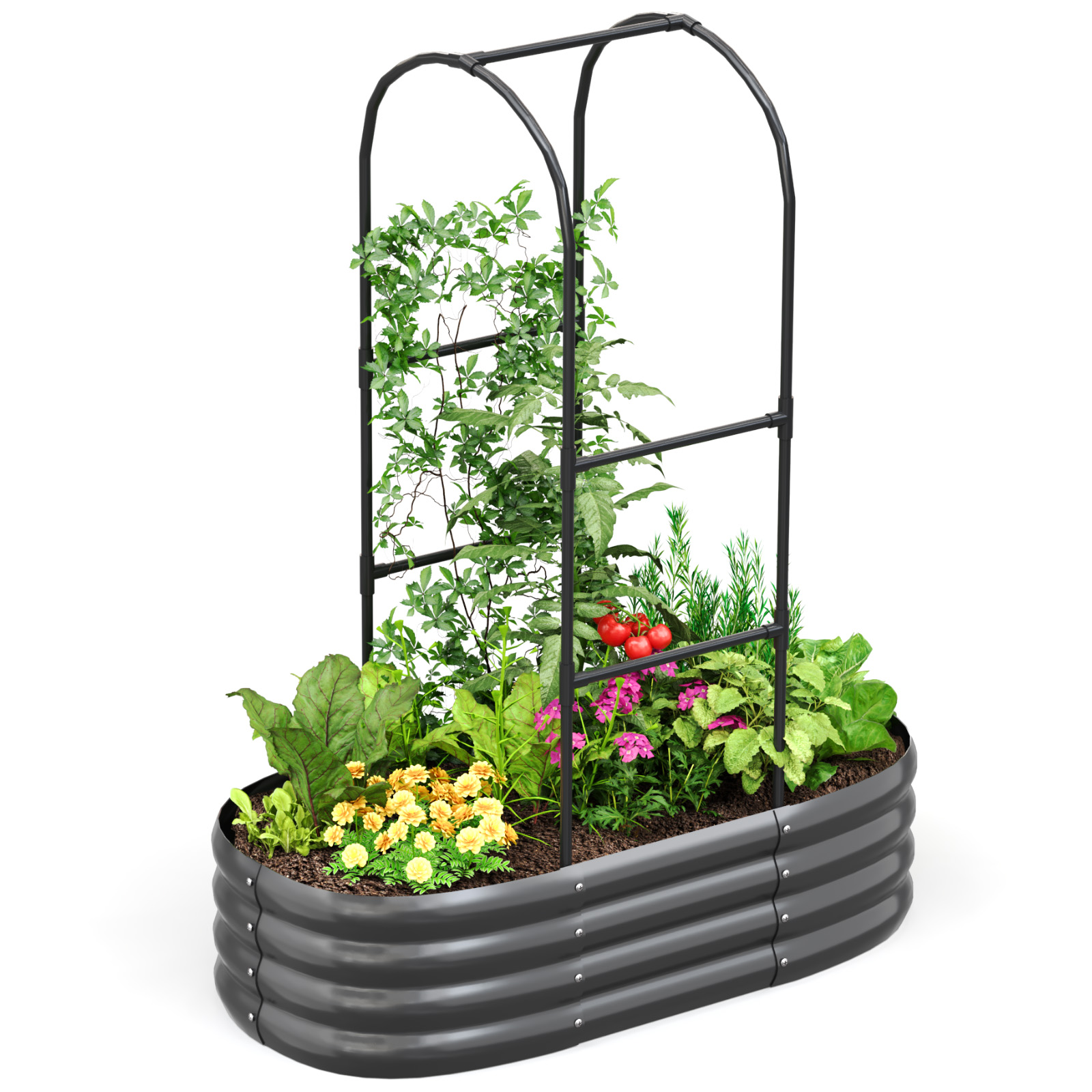 KING BIRD 4x2x1 ft Raised Garden Bed with Arched Trellis Galvanized Steel Metal Planter Garden Box Outdoor for Gardening Climbing Vegetables Flowers Dark Gray
