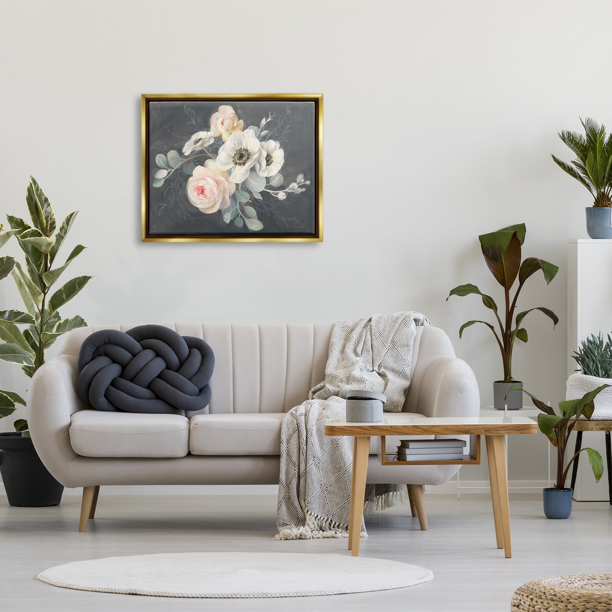 Stupell Industries Rose Anemones Flowers Chalk Pink Black Design Metallic Gold Framed Floating Canvas Wall Art, 24x30, by Danhui Nai