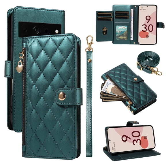 Crossbody Case For Google Pixel 7 Pro Wallet Zipper Case with Crossbody Shoulder Strap & Wrist Strap Flip Kickstand Purse Card Slots [RFID Blocking] Elegant PU Leather Phone Cover,Darkgreen