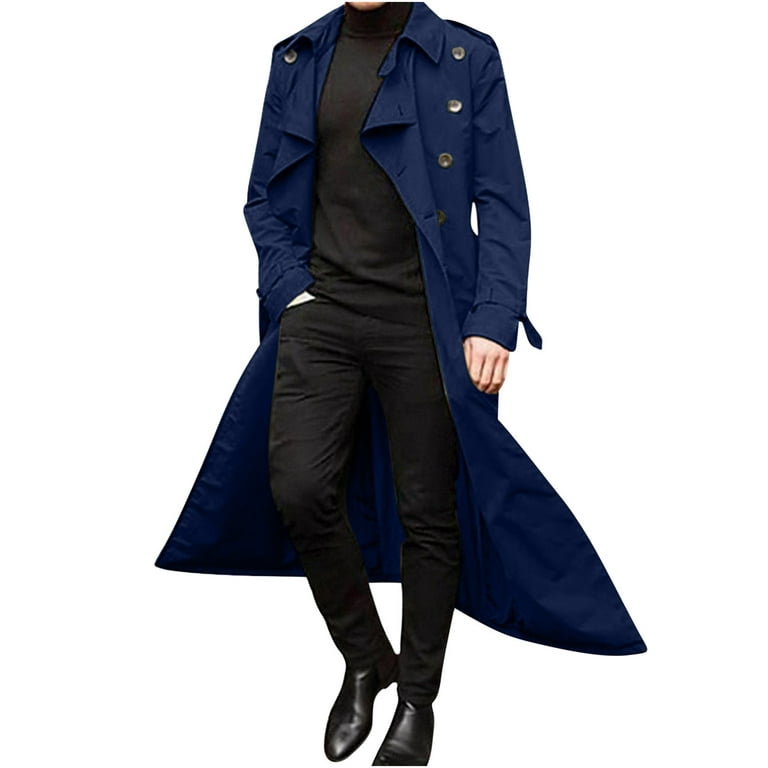 Trench Coat For Men Winter Fashion Long Trench Coat Easy Color Warm Lapel  Coat Business Casual Coat BlueXL