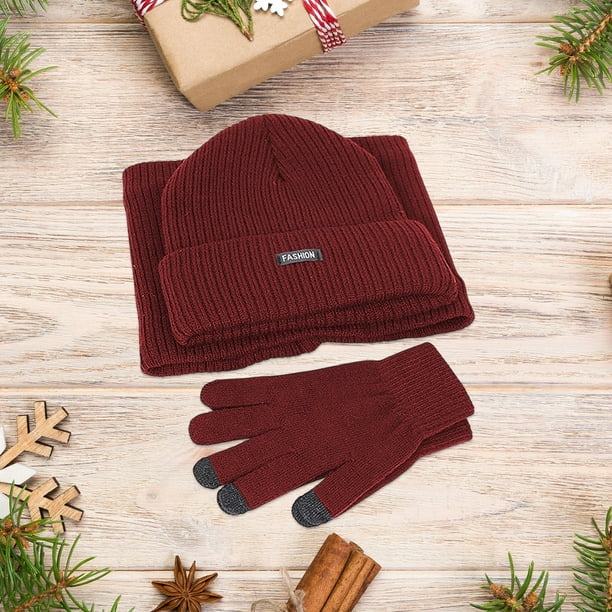 Conjunto de gorro, bufanda y guantes de invierno para mujer | Gorro de punto de 3 piezas, calentador de cuello y guantes para pantallas táctiles