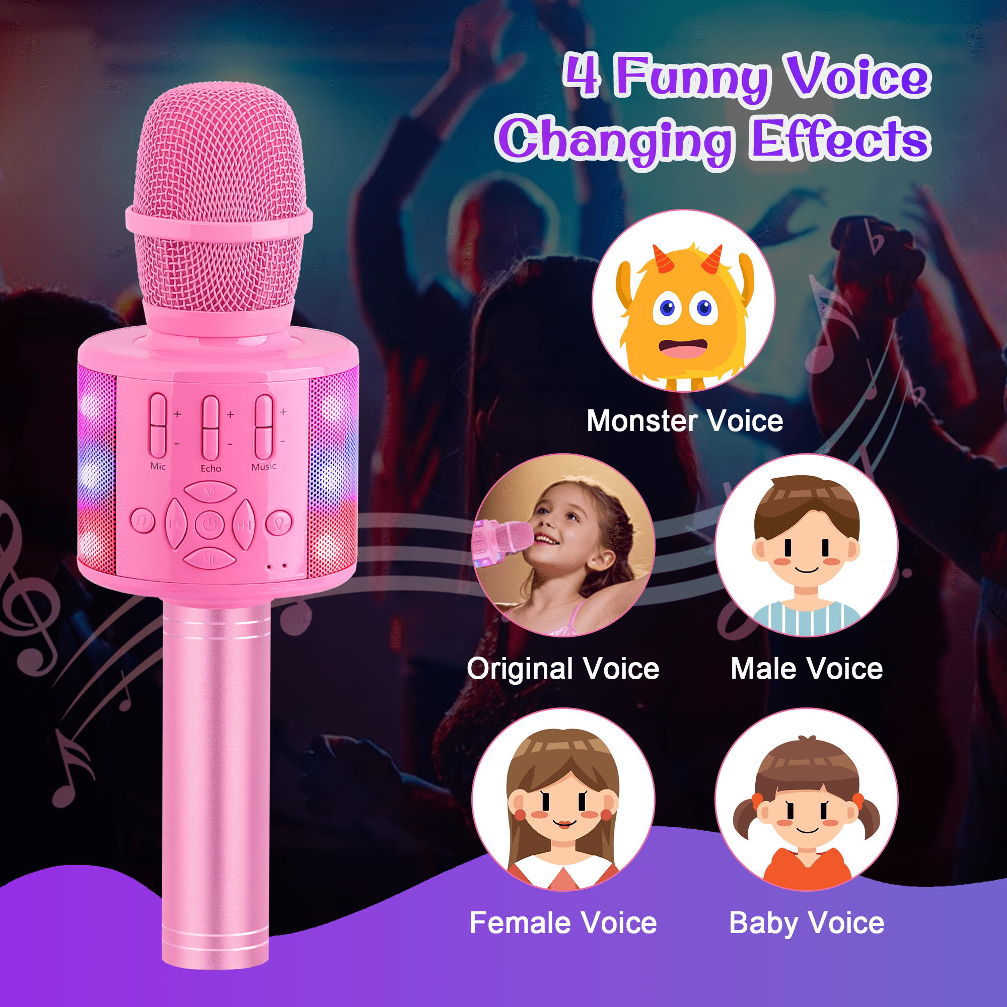 Bonaok Bluetooth Wireless Karaoke Microphone, Portable Handheld Karaoke Machine with LED Lights, Bluetooth Microphone Speaker Singing Gift for Kids Adults(Pink)