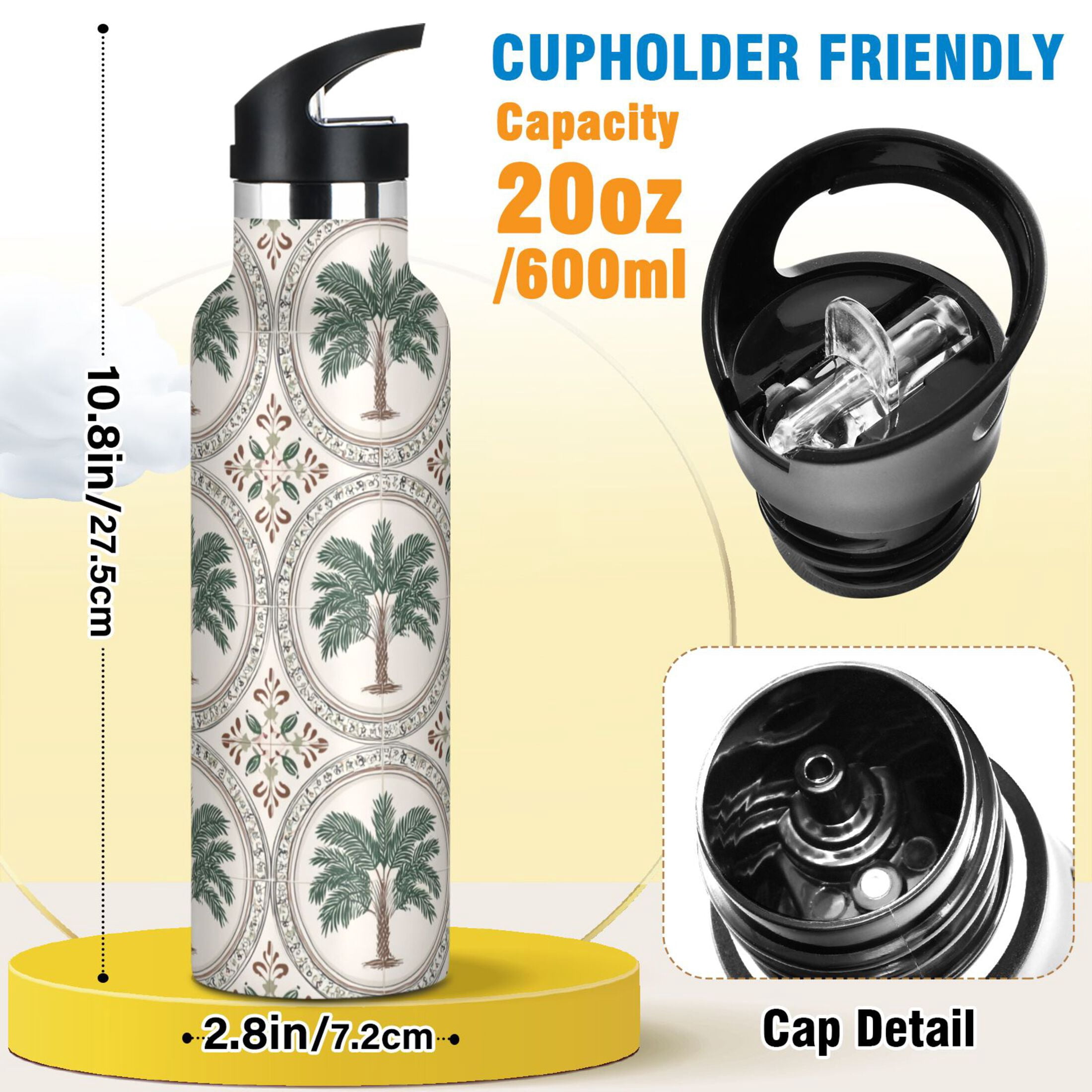 Kids Insulated Stainless Steel Sports Water Bottle 600ml (20oz) Circular Palm Tree Motifs