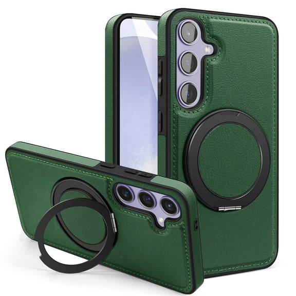 MagSafe Compatible for Samsung Galaxy S25 Plus Case, Slim Shockproof Protective 360°Rotating Magnetic Kickstand Ring Holder Bracket Classic PU Leather Phone Cover for Samsung Galaxy S25 Plus,Darkgreen