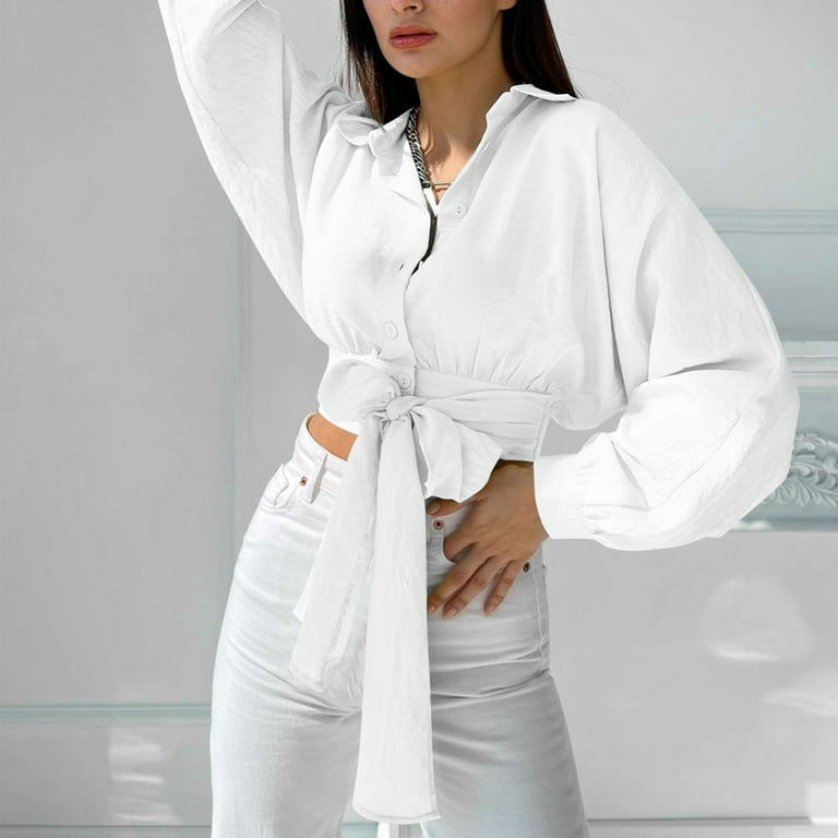 BLVB Womens Button down Shirts Tie Lapel Long Sleeve Crop Tops