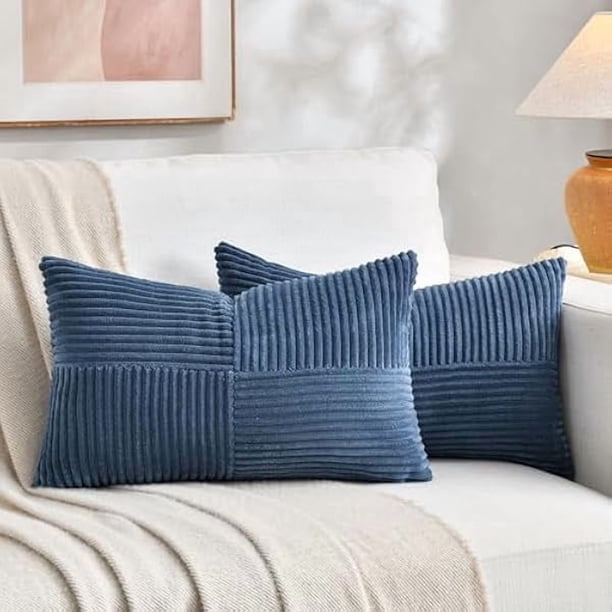 Chenchen 2 Packs Dusty Blue Lumbar Decorative Throw Pillow Covers 12x20 Inch for Couch Bed Sofa, Rustic Farmhouse Boho Home Decor, Soft Striped Corduroy Rectangle Accent Cushion Case 30x50 cm
