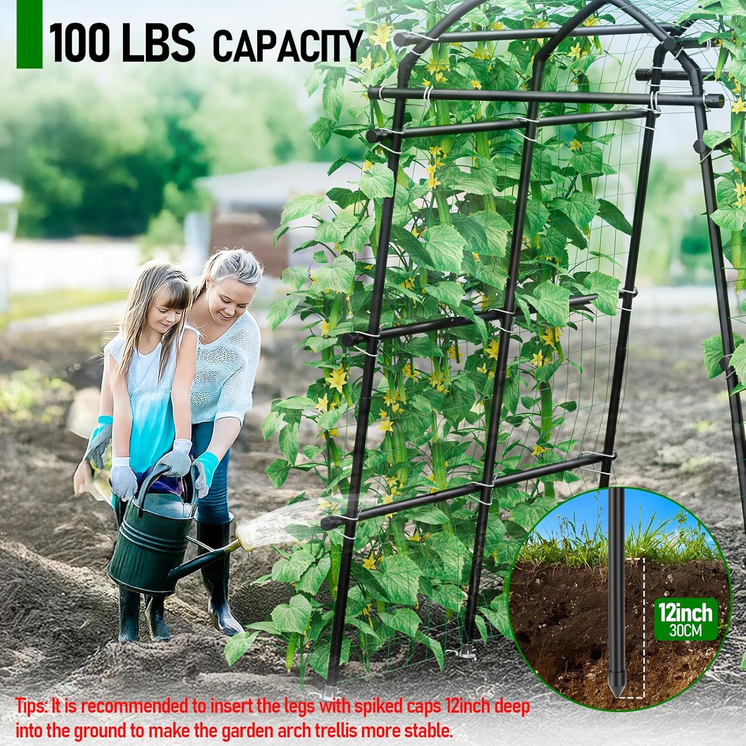 Garden Arch Trellis 88.58"  Tall for Climbing Plants Outdoor, Steel Stainless Arched Arbors Tunnel Trellis with Netting, Metal  Ties for Cucumber Tomato Pea Vines Fruit
