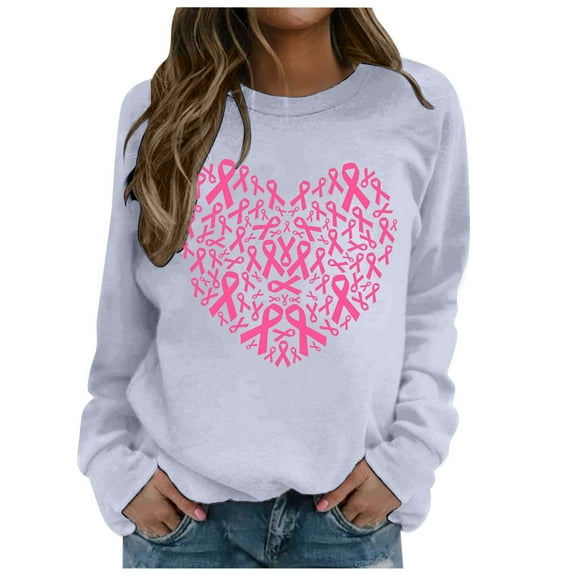 Cancer Sweatshirt for Women Pink Ribbon Long Sleeve Cancer Awareness T-Shirt Cancer Survivor Crew-Neck Tops (Grey, L)