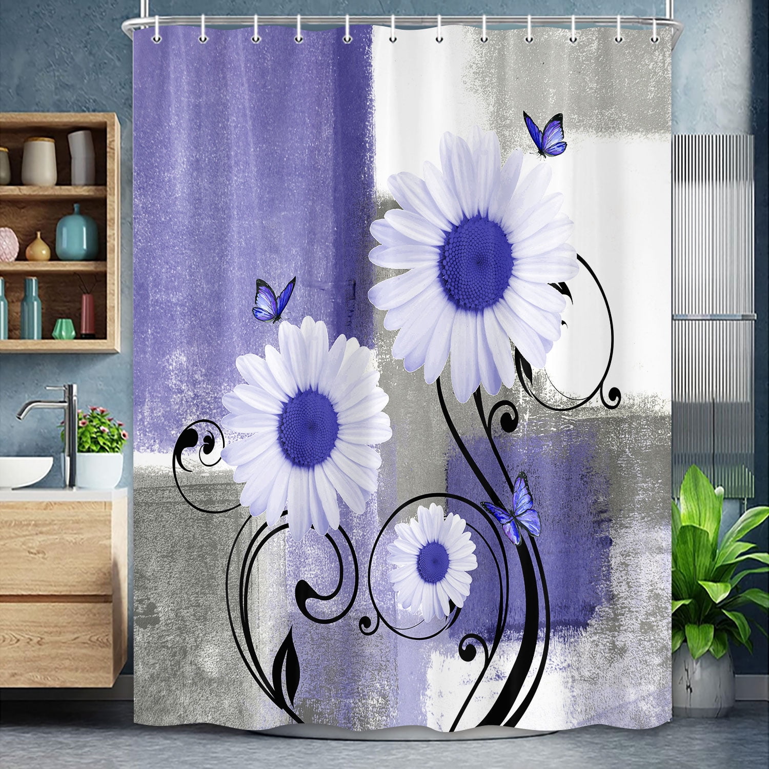 Purple Floral Shower Curtains for Bathroom,Aesthetic Brush Oil Painting Fabric Decor Bath Curtain,Daisy on Purple Gray White Abstract Modern Bakcground Fabric Shower Curtains,69X84in