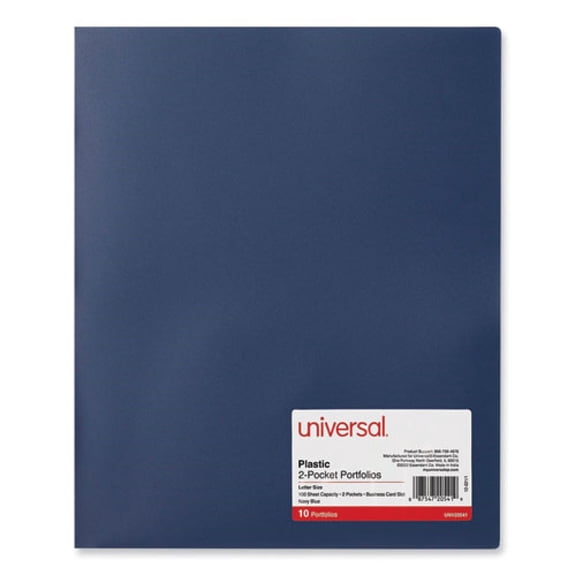 Universal UNV20541 100-Sheet Capacity 11 in. x 8.5 in. 2-Pocket Plastic Folders - Navy Blue (10/Pack)