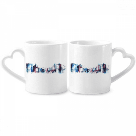 

Modern Building Skyscraper Watercolor Couple Porcelain Mug Set Cerac Lover Cup Heart Handle