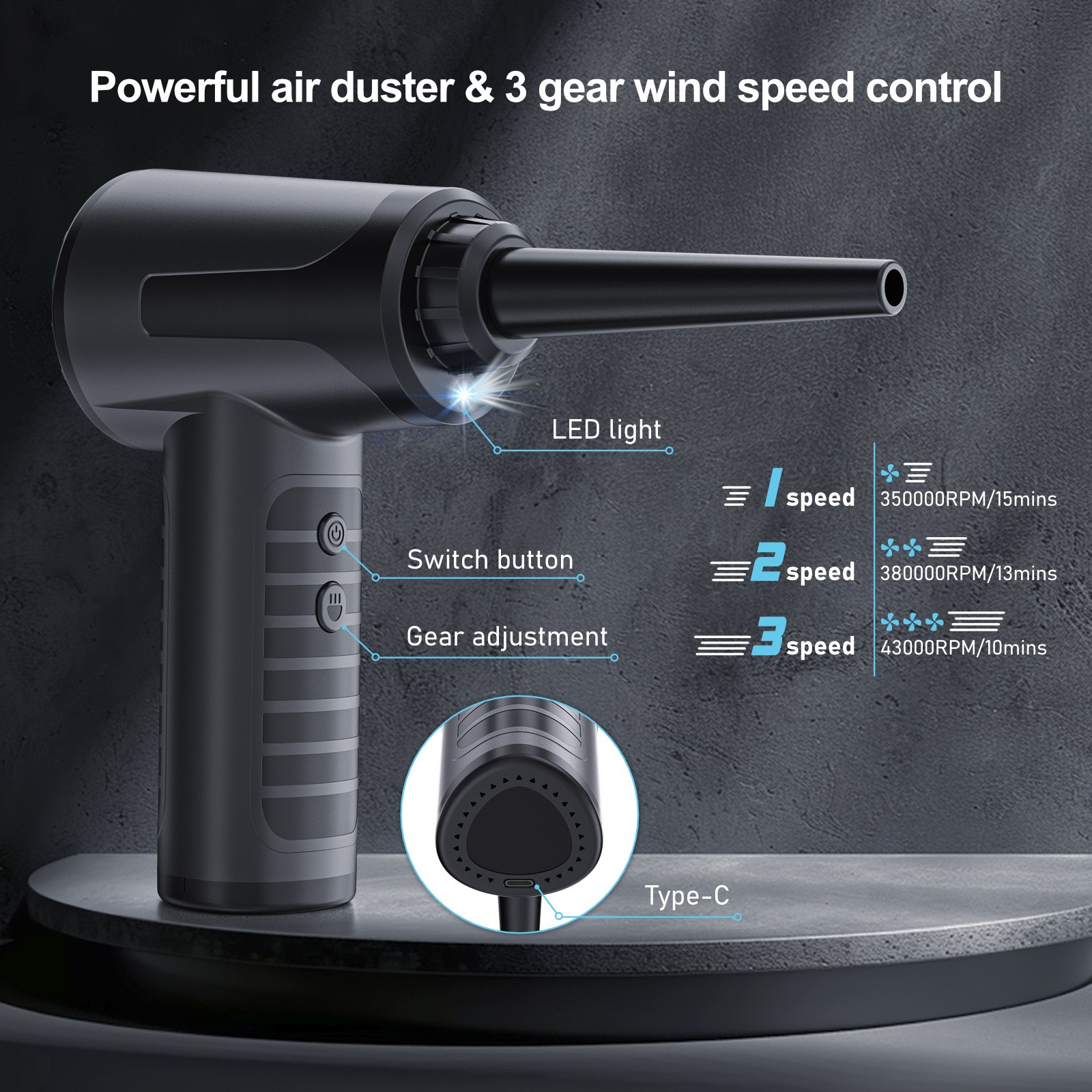 Cordless 3-Speed Electric Air Duster with LED Light, Multi-Nozzles for PC, Car, Home & Outdoor Cleaning (Black)