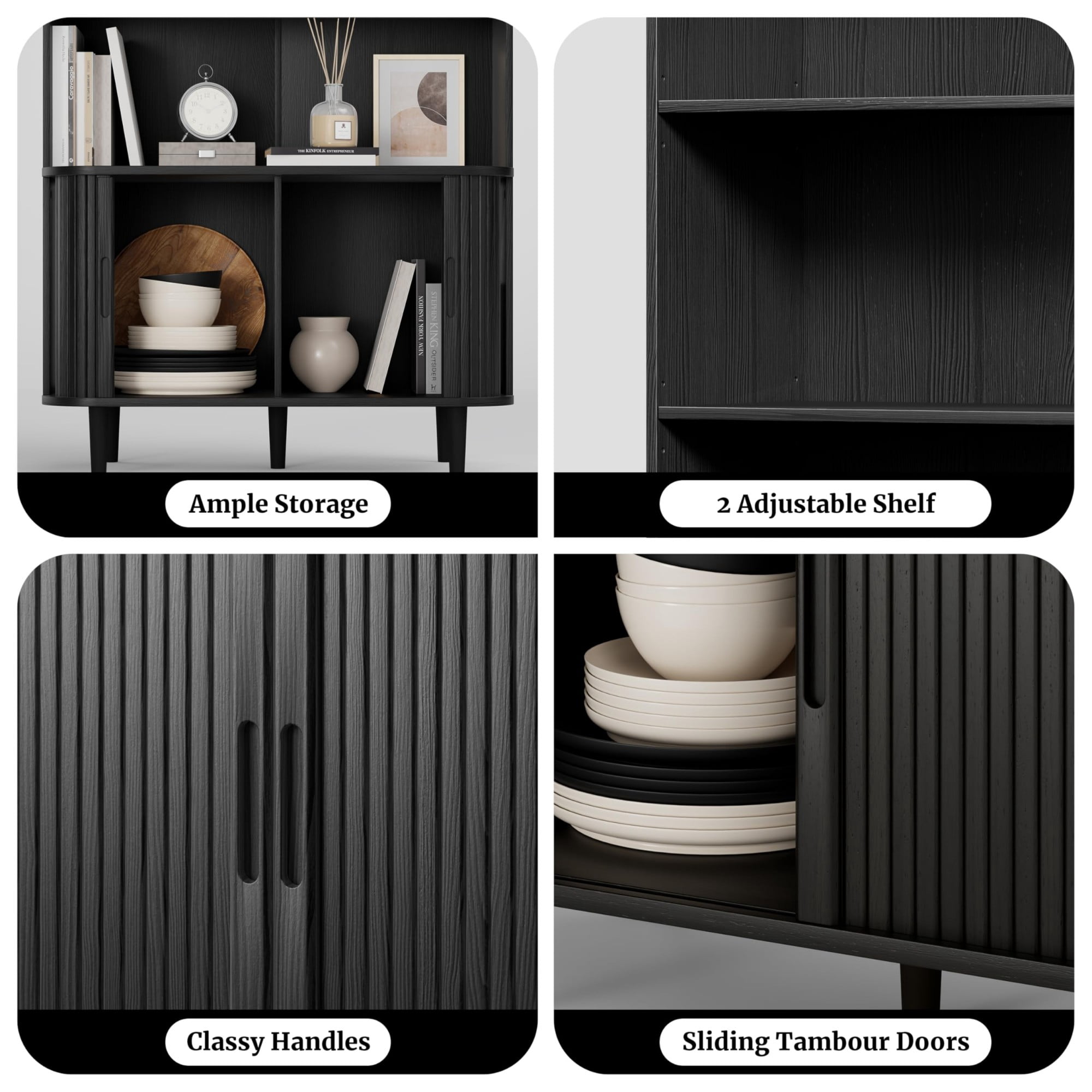 71" Tall Arched Bookshelf, 5 Tier Modern Farmhouse Bookcase with Sliding Doors & Adjustable Shelves, Wood Display Cabinet, Black