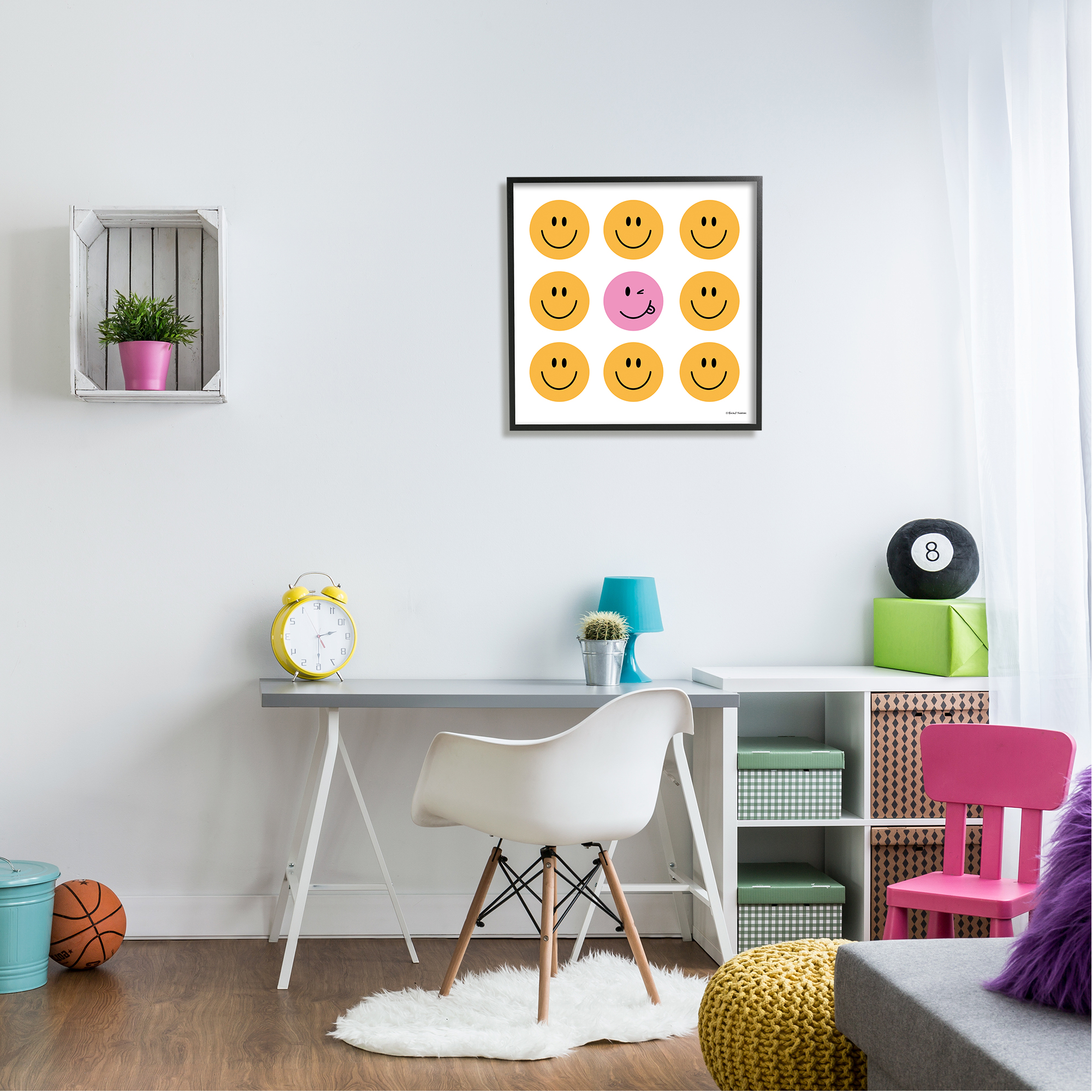 Stupell Industries Pink & Yellow Smiley Faces Art for Kids Painting Black Framed Art Print Wall Art, 24 x 24