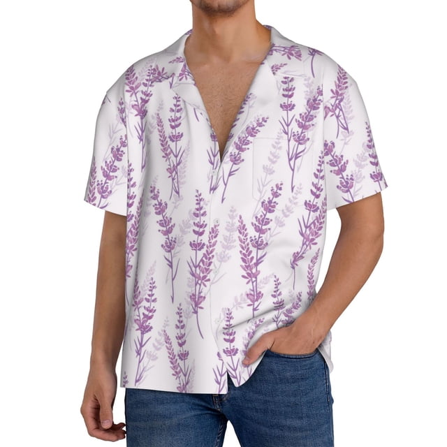 Balery Lavender Flowers Camisa Casual de Manga Corta con Botones para Hombre, Texturizada, Estilo Cubano, para Playa, Verano-X-Large
