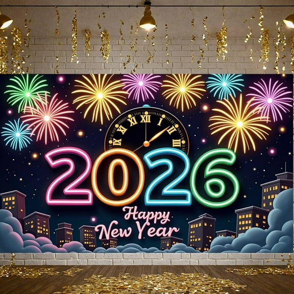 Colorful Fireworks Happy New Year Banner Neon Light Design 2026 New Year Display Vintage Clock City Countdown Background for New Year Party New Year Eve Celebration Holiday Gathering