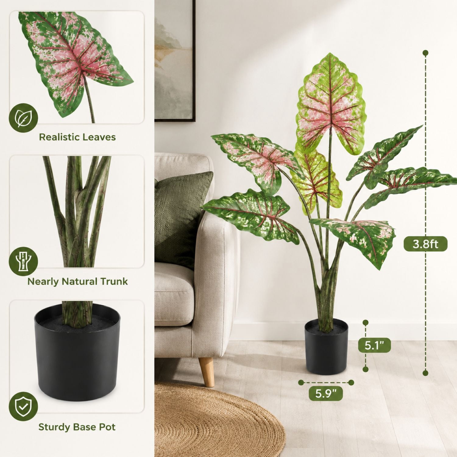 Easy4Home 3.8FT Artificial Plant Fake Caladium Plant Potted Indoor Faux Floor Plant for Home Office Decor, Multicolor