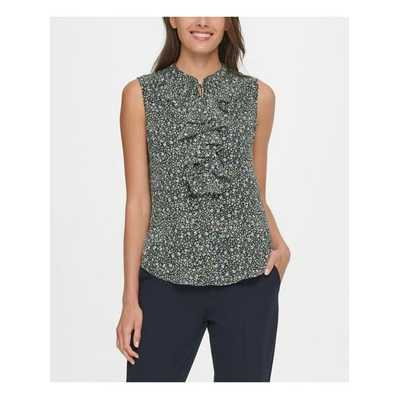 TOMMY HILFIGER Womens Navy Ruffled Floral Sleeveless Crew Neck Top Size: XS