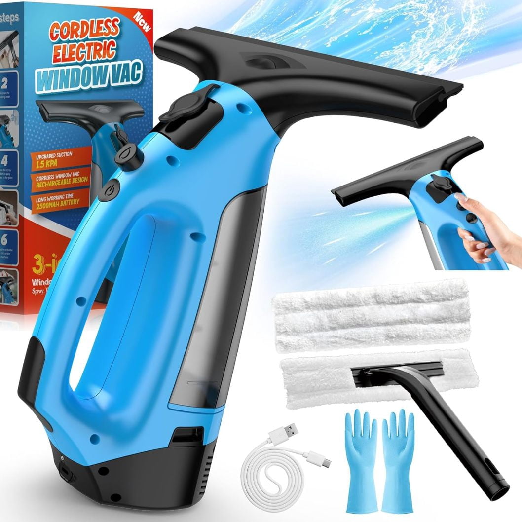 Kiato Cordless Window Vacuum Cleaner - Rechargeable With 2 Squeegee Sizes (11" & 6.7") For Windows, Mirrors & Glass