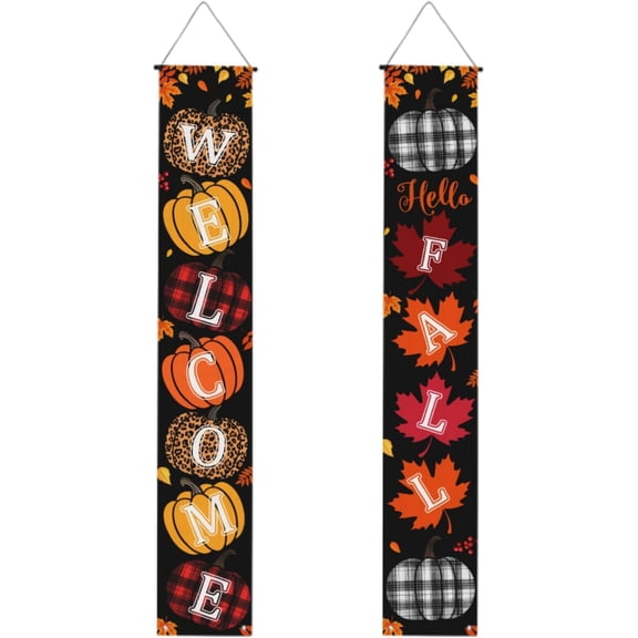 lijoe Fall Porch Sign Outdoor Vertical Banner Set Hello Fall & Welcome Double Hanging Decorations Autumn Buffalo Plaid Pumpkin Maple Leaf Theme for Front Door, Porch, Wall – Thanksgiving Decor