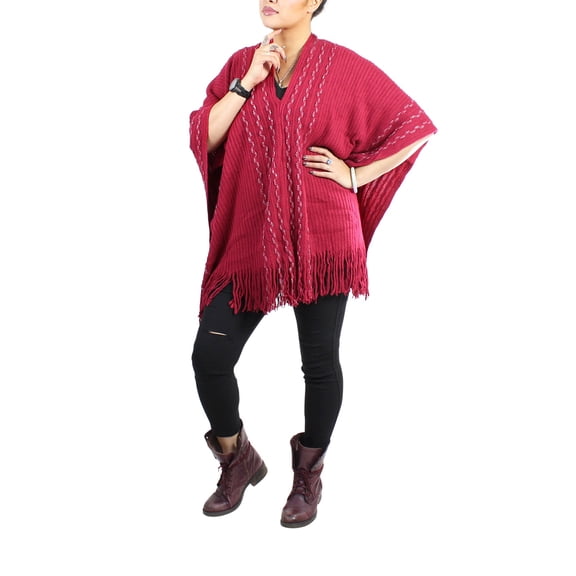 V-Neck Poncho with Metallic Threaded Braids Dark Red