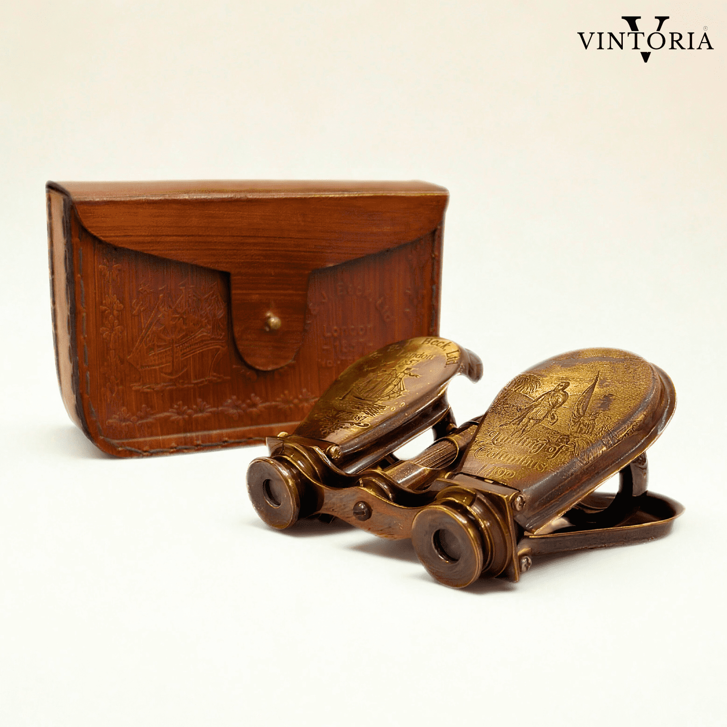 Brass Binoculars with Leather Case Columbus Engraved