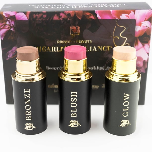 Trío de Contorno Phoenix Beauty con Rubor en Crema, Bronceador y Iluminador