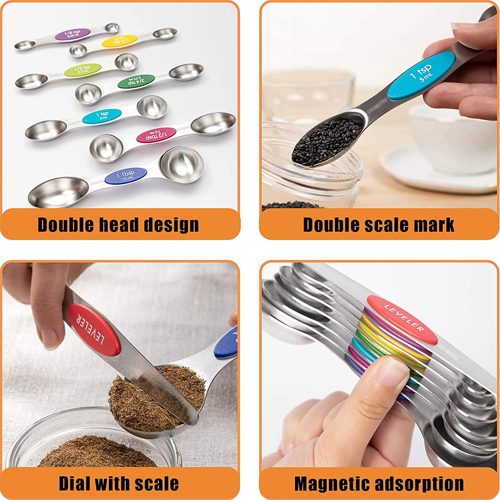Magnetic Stainless Steel Measuring Spoons - Set of 6 Metal Measurement Spoon  for Dry and Liquid Ingredients - BPA Free Teaspoon and Tablespoon for Home,  Kitchen, Baking, Cooking, I2179 